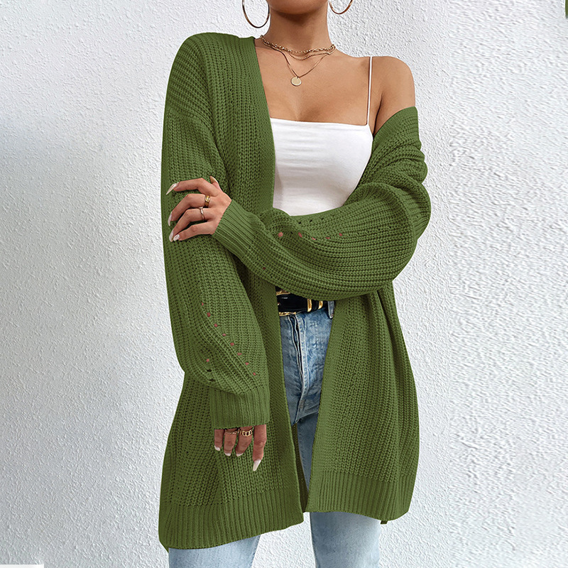 Women's Mid-Length Knit Cardigan Lightweight Open Front Long Sleeve Solid Color