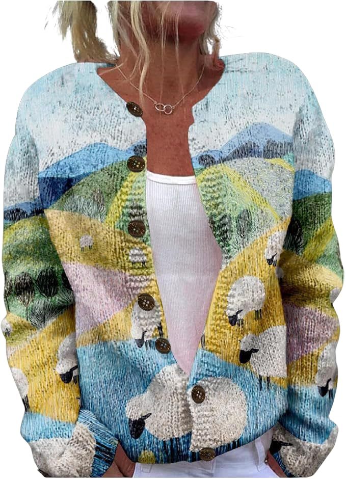 Women's Animal Pumpkin Maple Leaf Print Button Cardigan