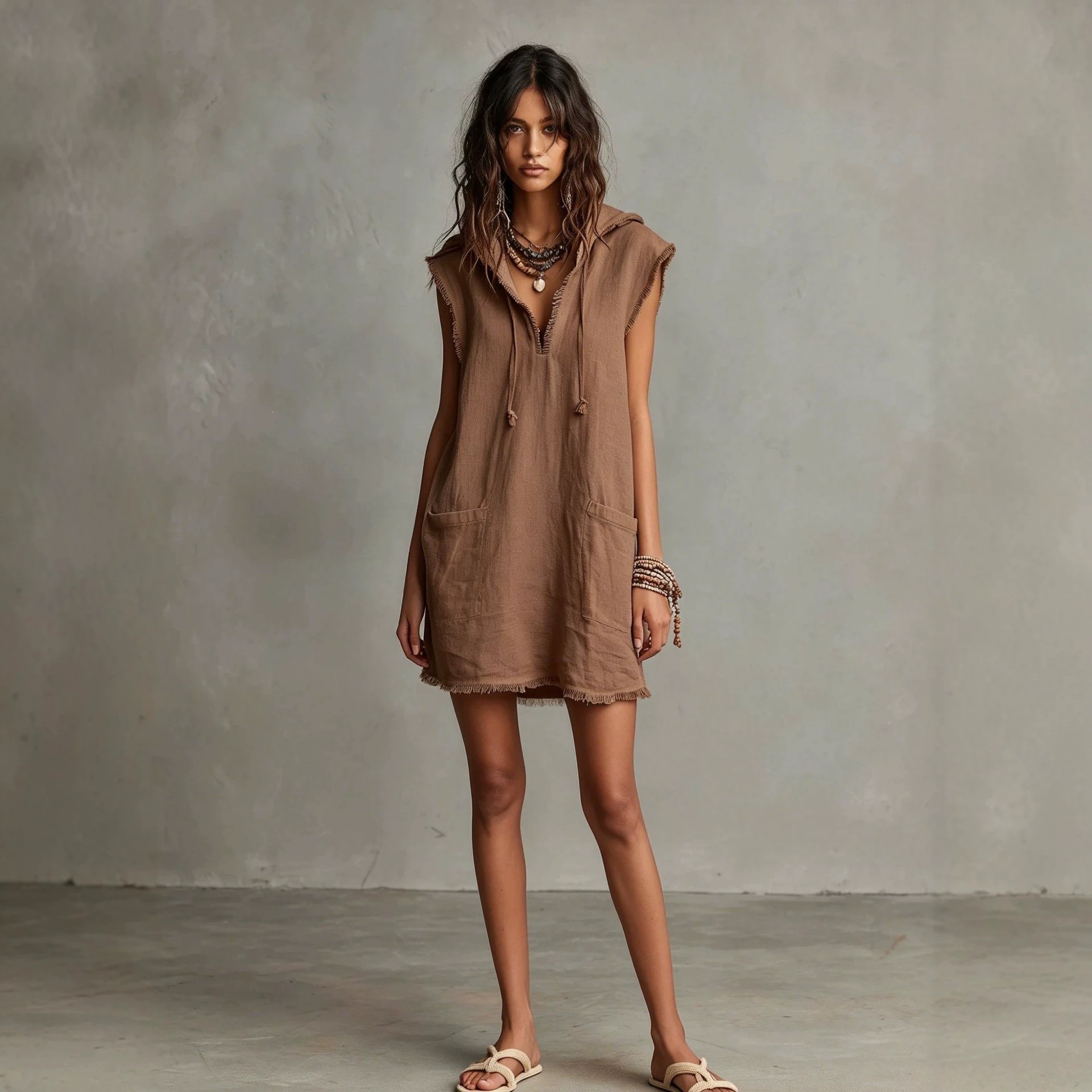 Women's V-Neck Linen-Blend Sleeveless Mini Dress with Hood and Raw Hem