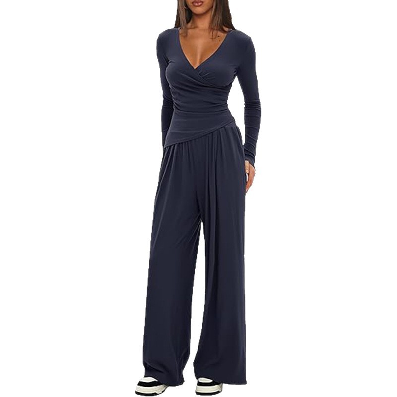 Solid Color 2-Piece V-Neck Long Sleeve Wide Leg Pants Lounge Set