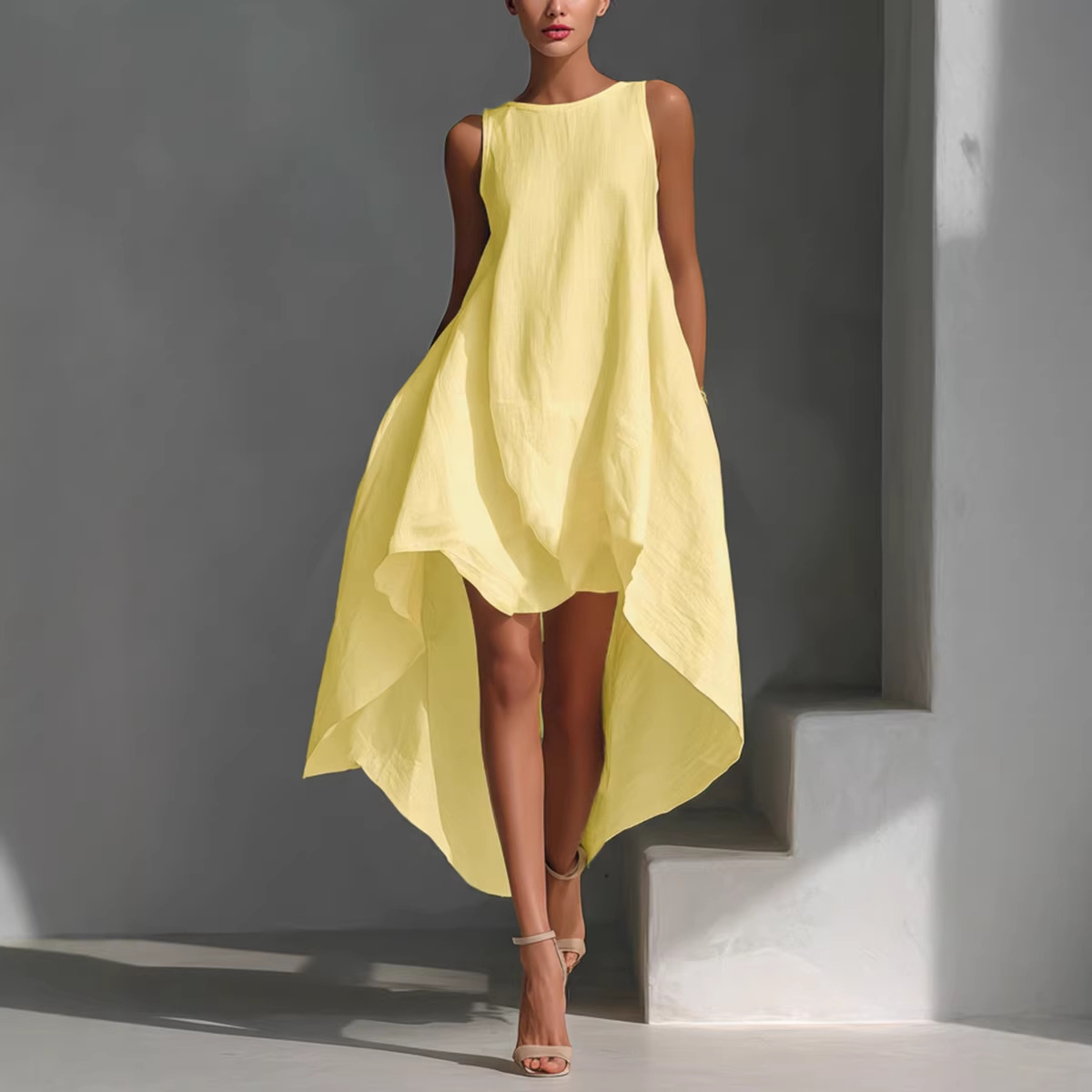 Cotton-Linen Sleeveless High-Low Midi Dress