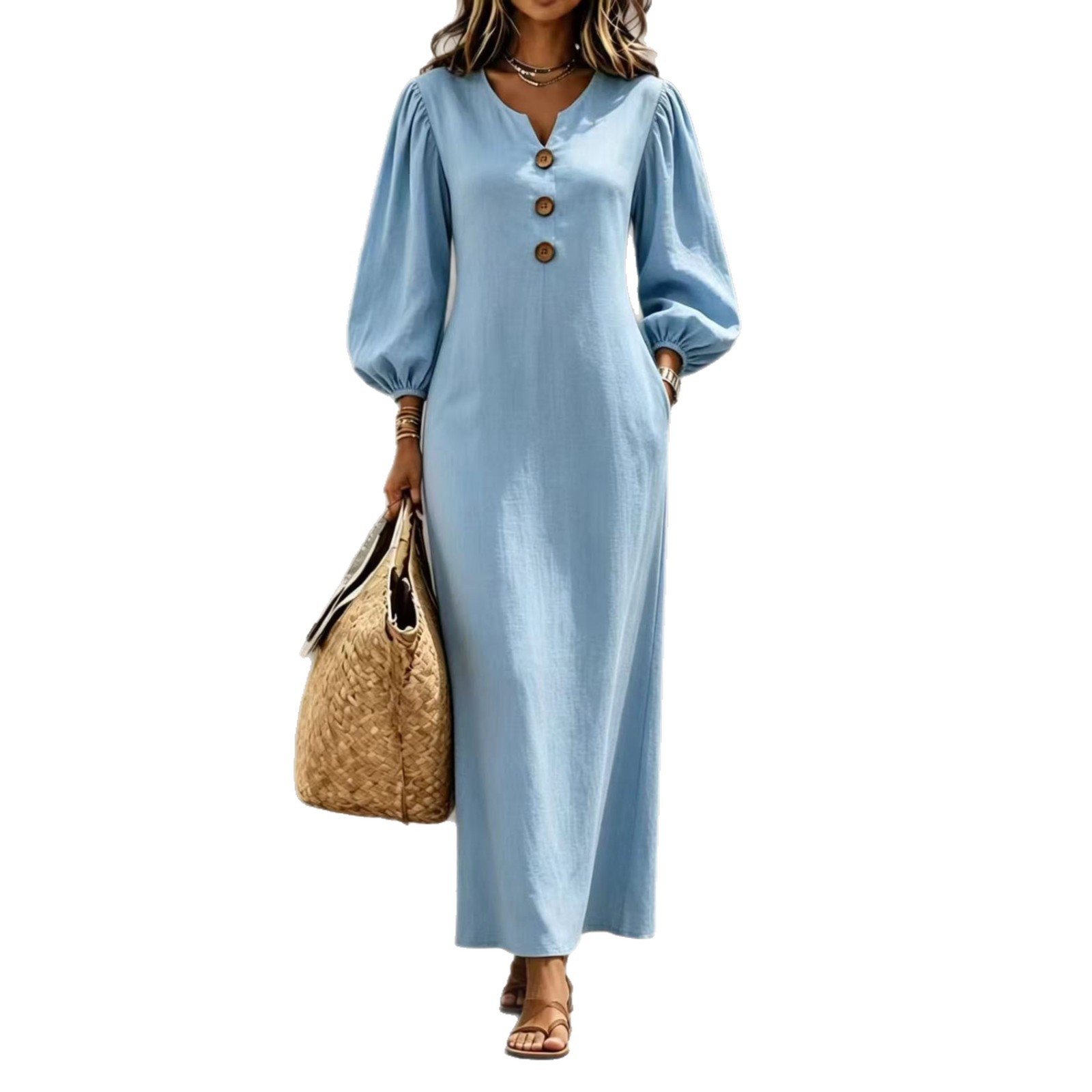 Women's V-Neck Button Bubble Sleeve Loose Long Dress