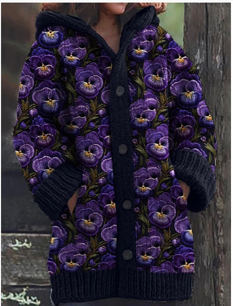 Women's Animal & Plant Print Hooded Button Cardigan