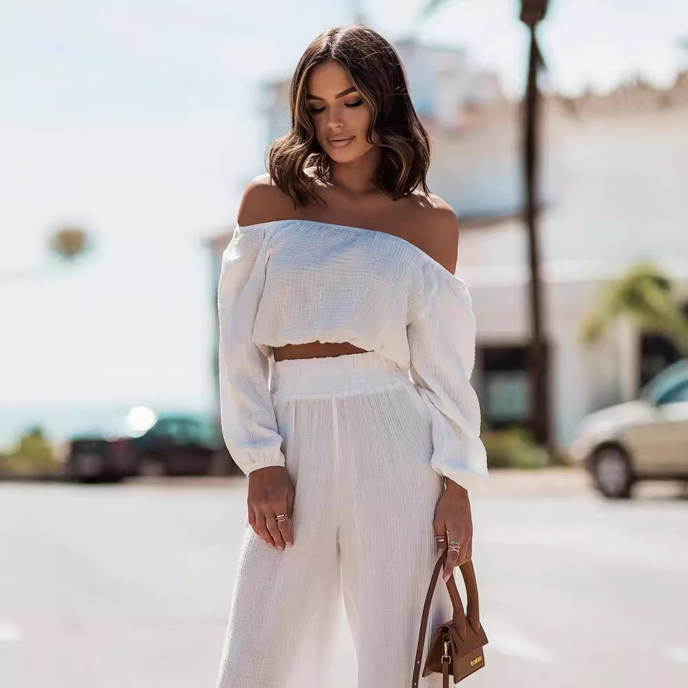 Off-Shoulder Short-Sleeve Top and Straight-Leg Pants Set Solid Color Commuter Two-Piece