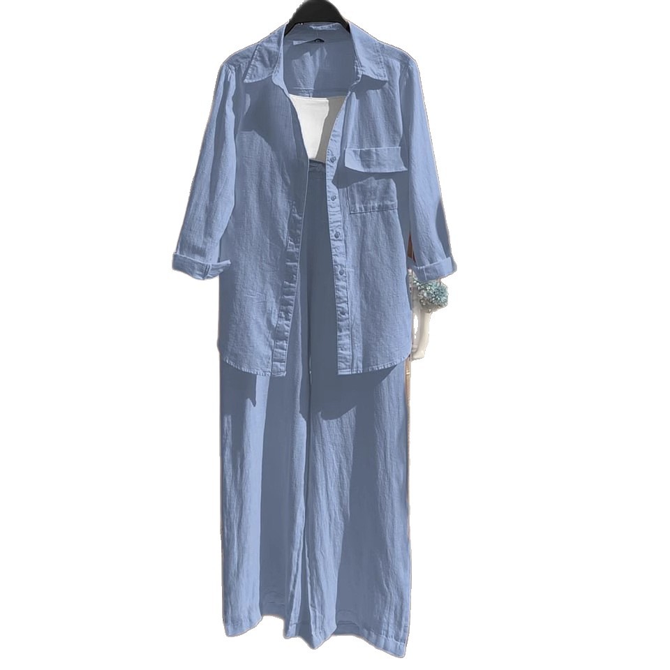 Women's 2-Piece Cotton-Linen Shirt and High-Waist Wide-Leg Pants Set