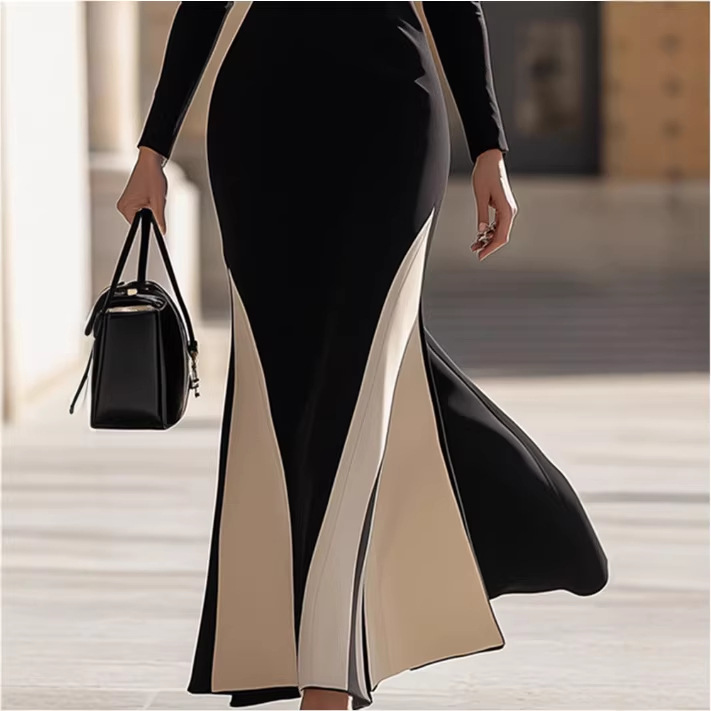 Elegant V-Neck Color-Block Long Dress