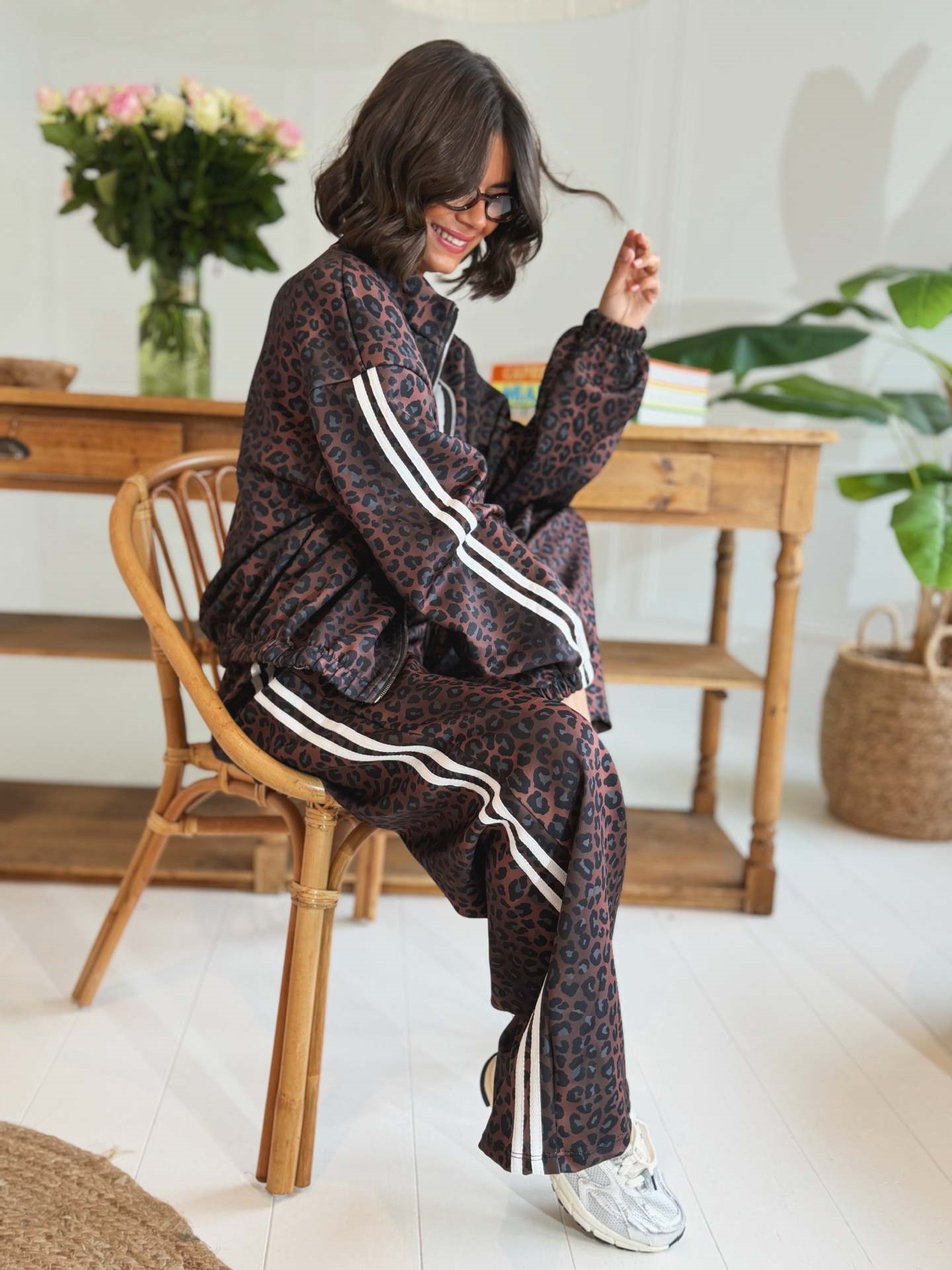 Leopard Print Striped Track Jacket and Pants Set