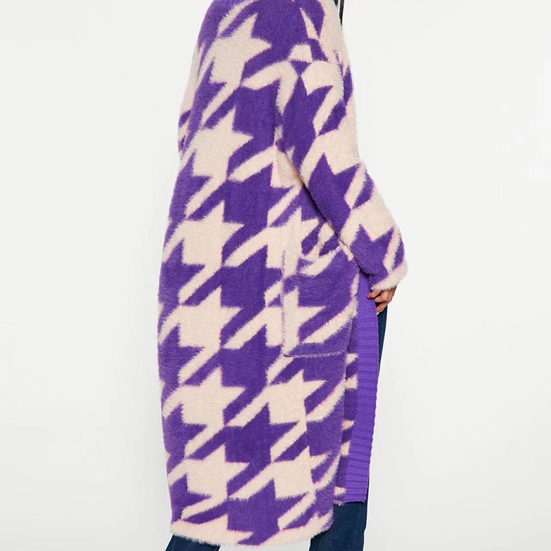 Geometric Houndstooth Knit Cardigan Faux Mink Long Sleeve