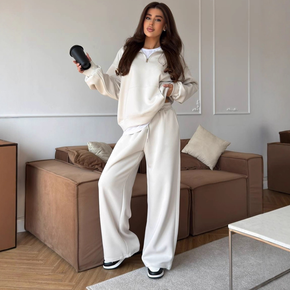Women's Cotton Blend Zip Collar Pullover Hoodie and Wide-Leg Pants Two-Piece Set