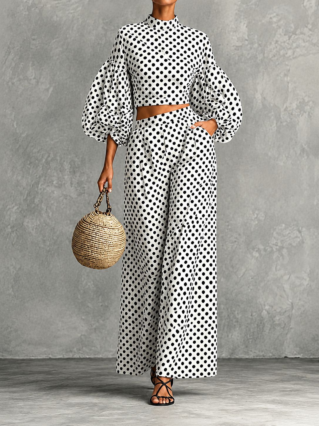 Polka Dot Lantern Sleeve Crop Top & High-Waist Wide-Leg Pants Two-Piece Set