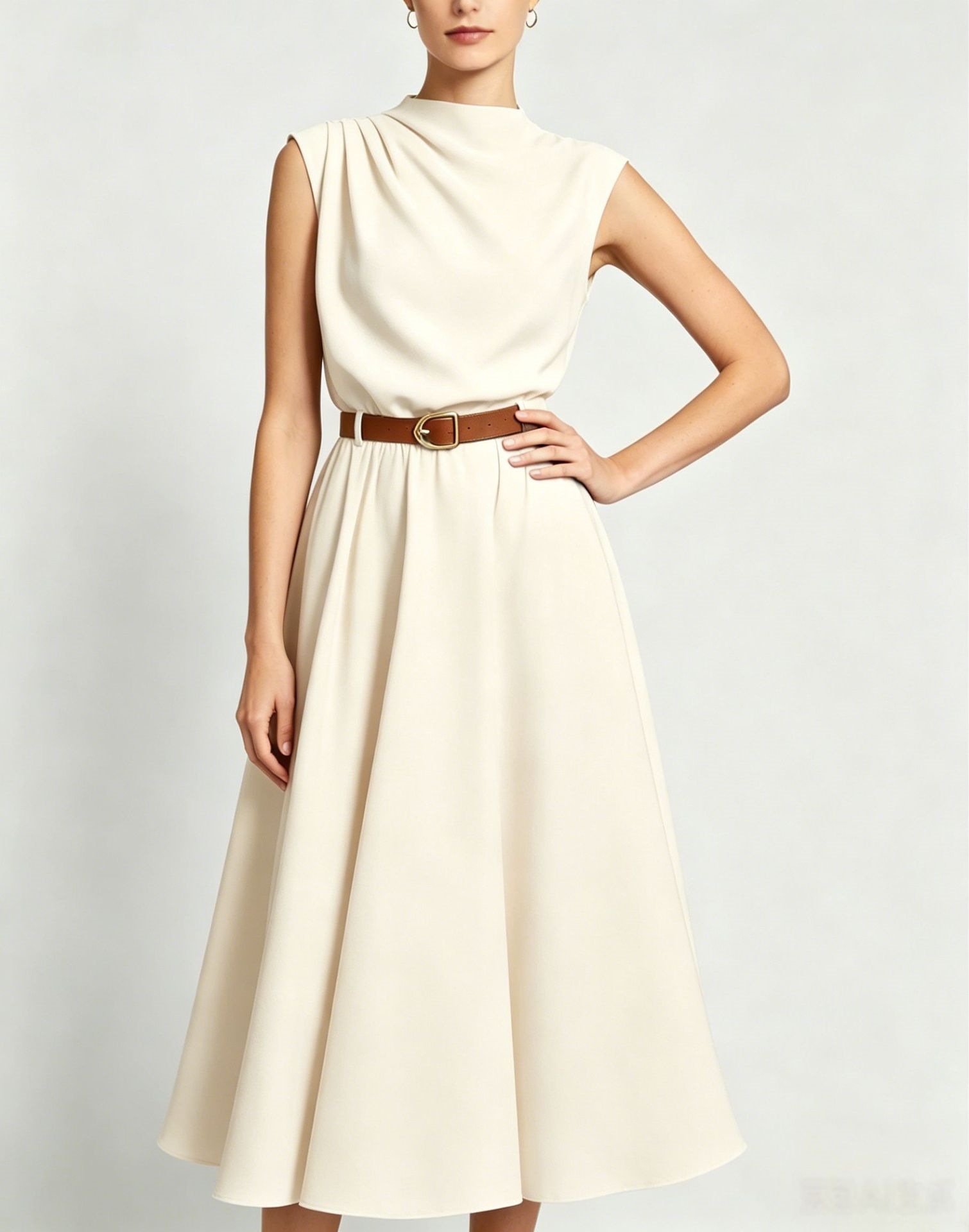High Neck Sleeveless A-Line Midi Dress with Side Ruching and Belt