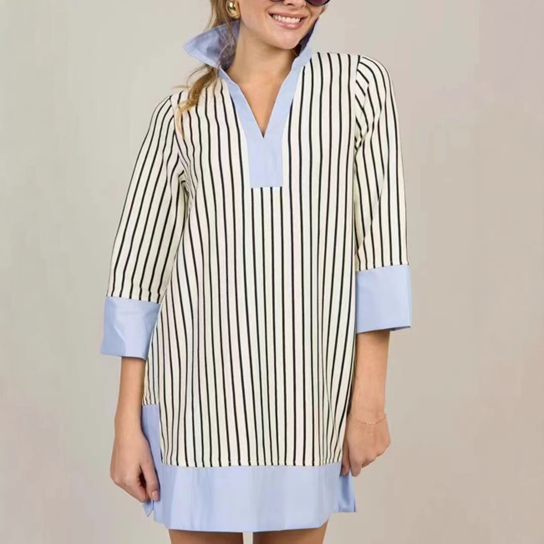 Women's Blue Striped Polo Neck A-Line Midi Dress Long Sleeve Colorblock