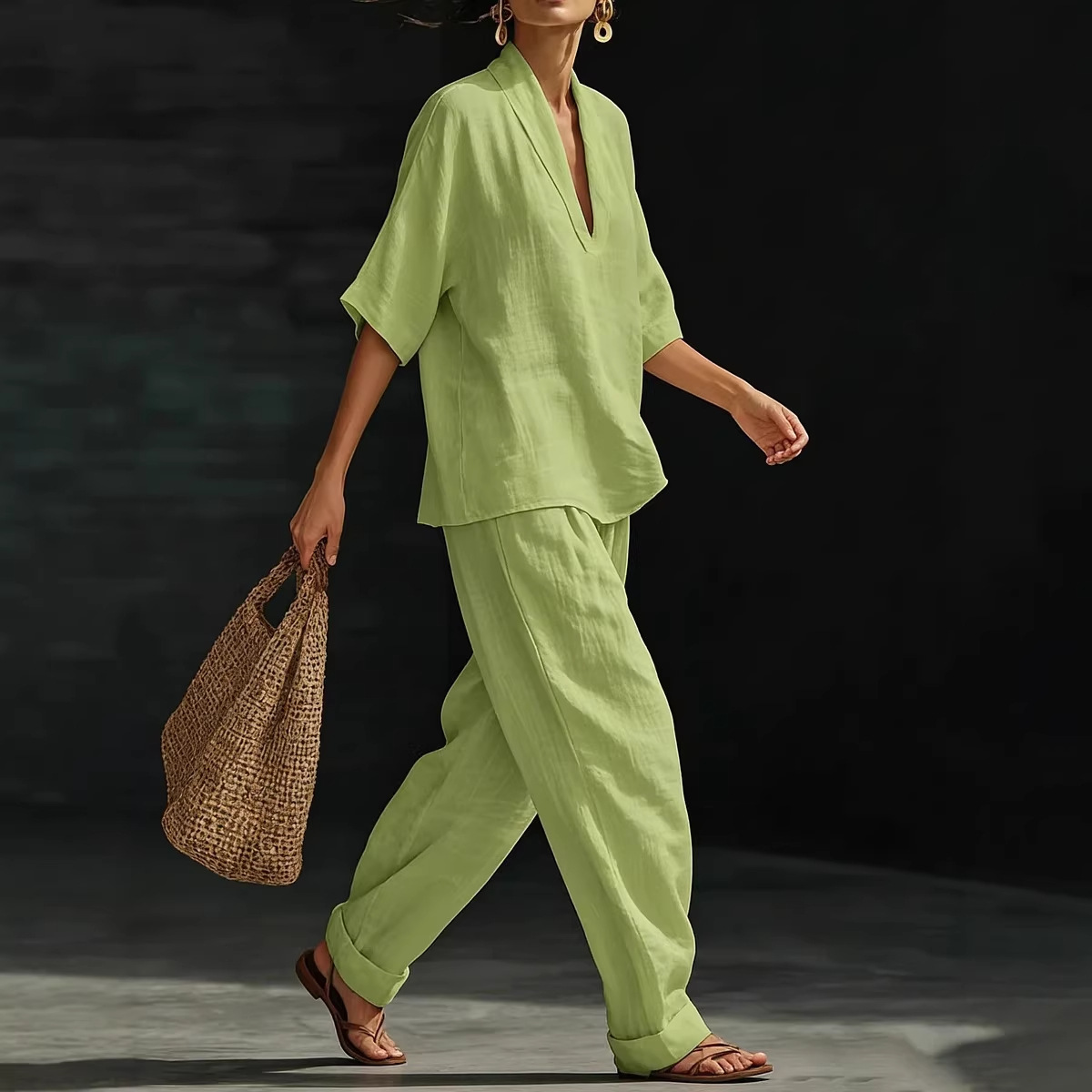 Women's Casual Solid V-Neck Short Sleeve T-Shirt and Long Pants Two-Piece Set