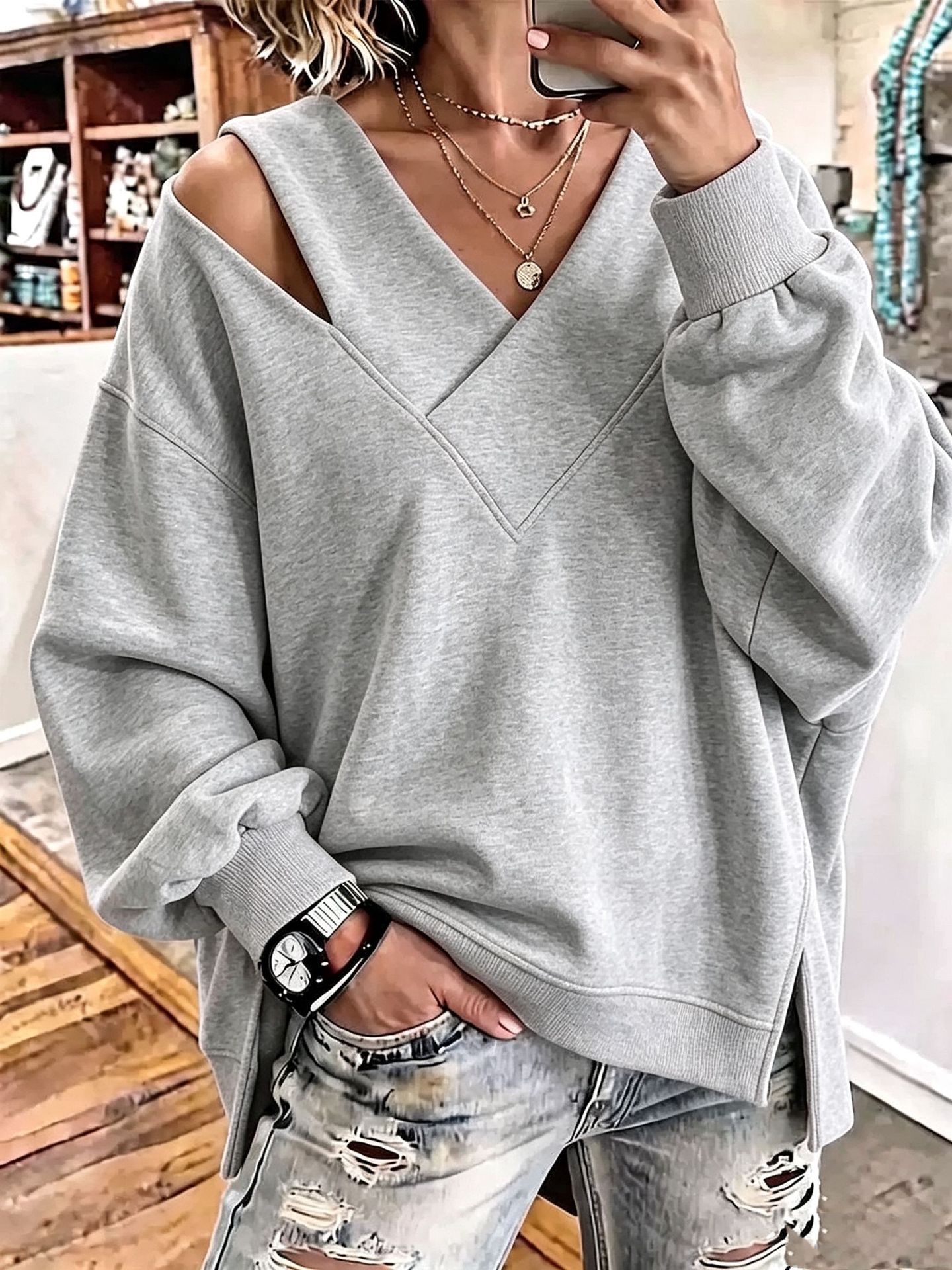 One-Shoulder V-Neck Loose Sweatshirt with Side Slit