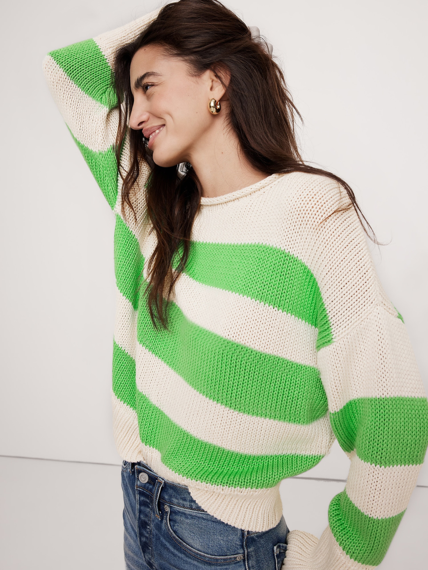 Women's Striped Crewneck Drop-Shoulder Oversized Lightweight Pullover