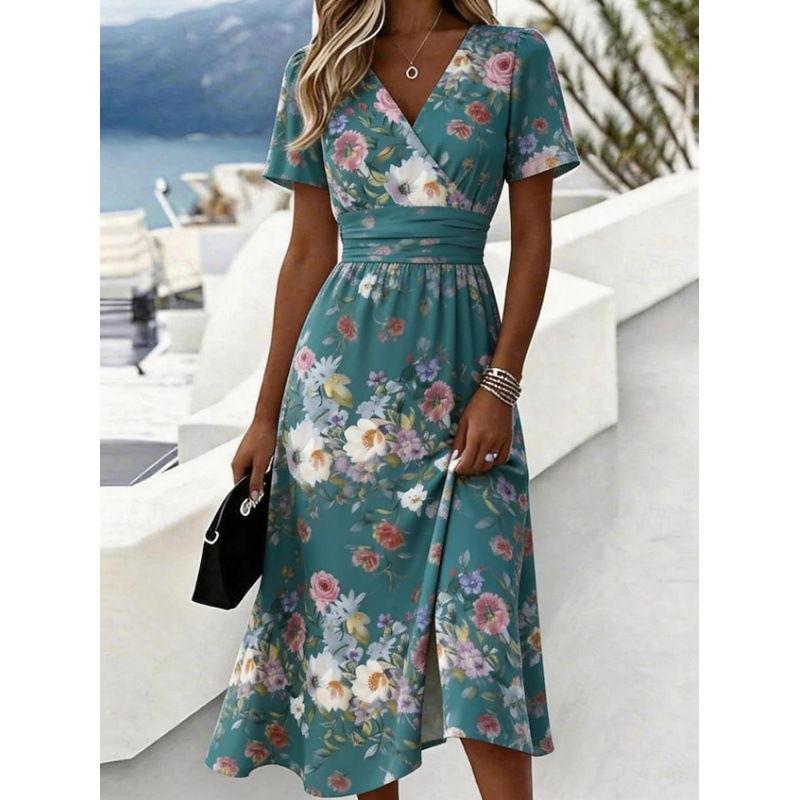 3D Vintage Floral Short Sleeve V-Neck Midi Dress with Flared Skirt