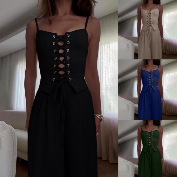 Sleeveless Cutout Lace-Up Top and Wide-Leg Pants Set