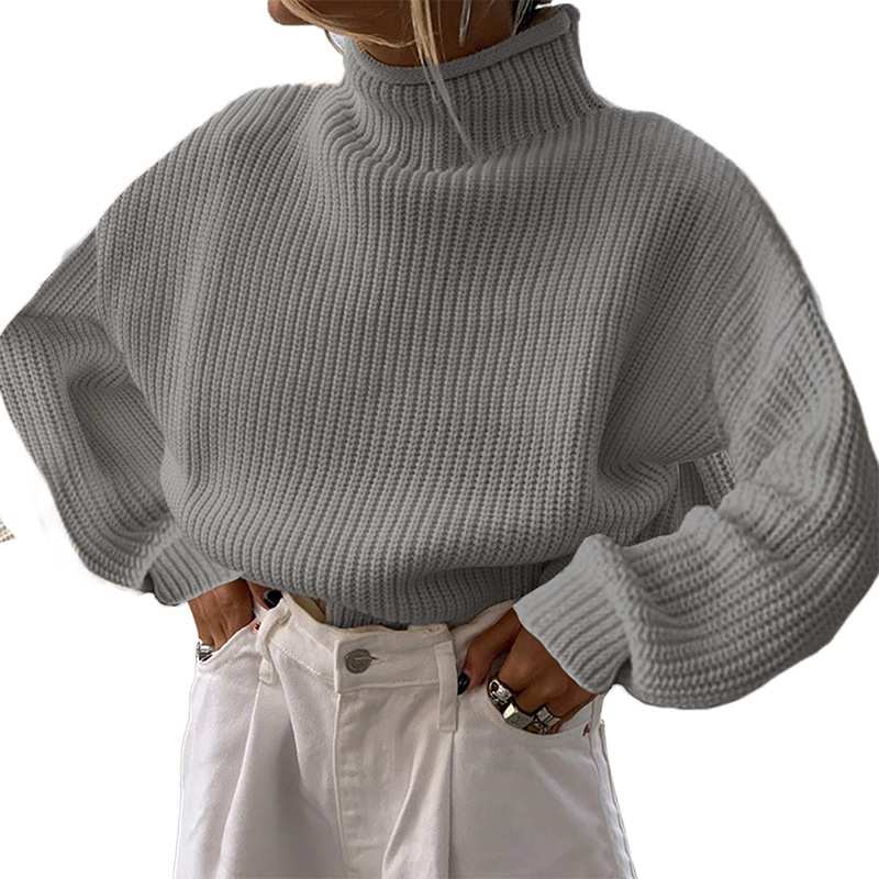 Women's Mock Neck Knit Sweater Solid Color Loose Casual Pullover