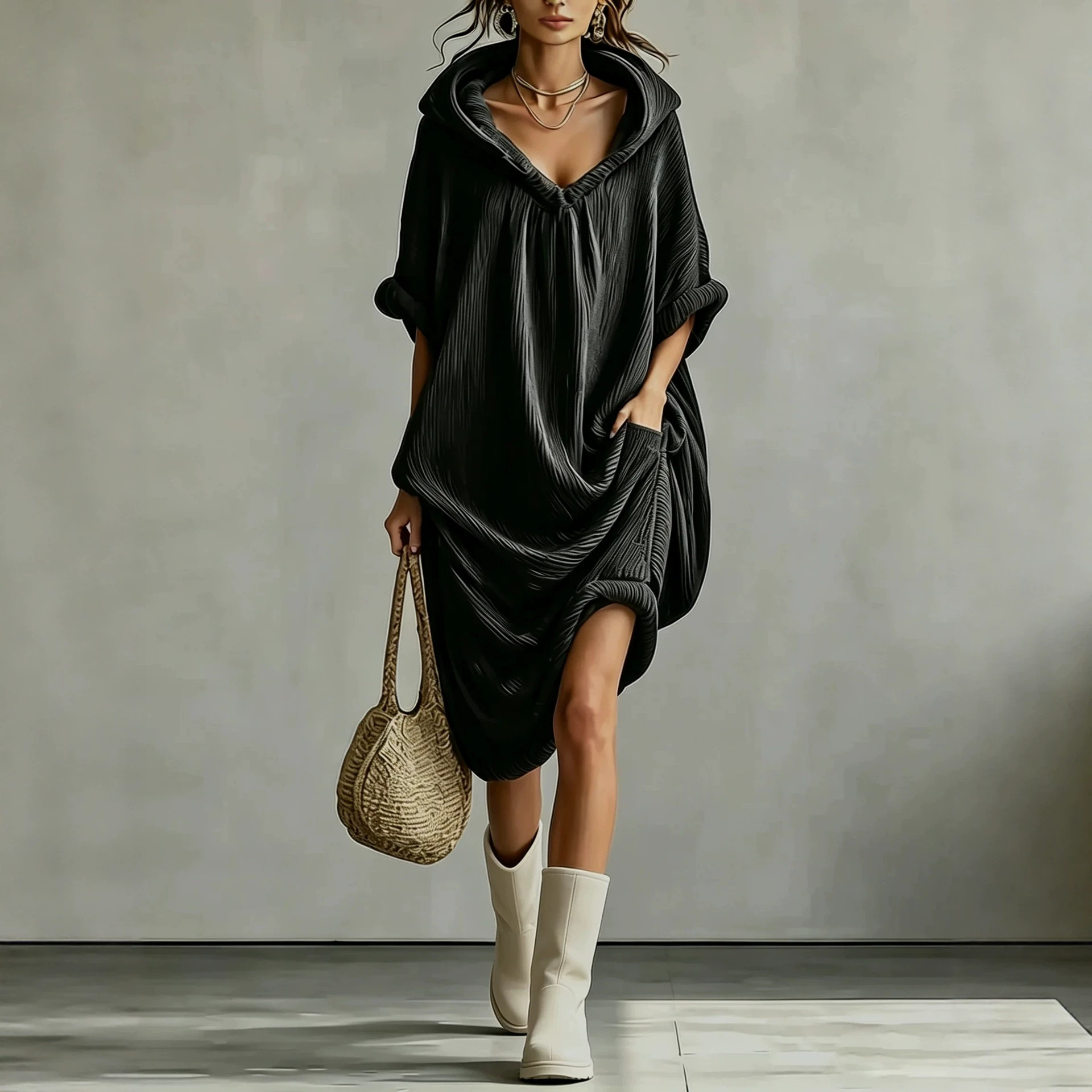 Dark Textured Pleated Hooded Sweatshirt Dress Slit Loose Midi