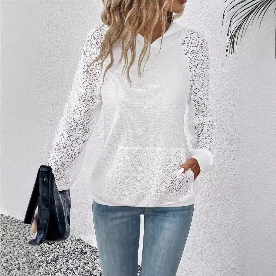 Women's Lace Waffle Knit Hooded Sweatshirt Casual Pullover