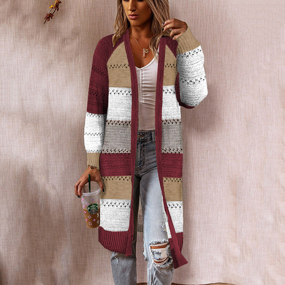 Color-Block Knit Long Cardigan Sweater Wrap