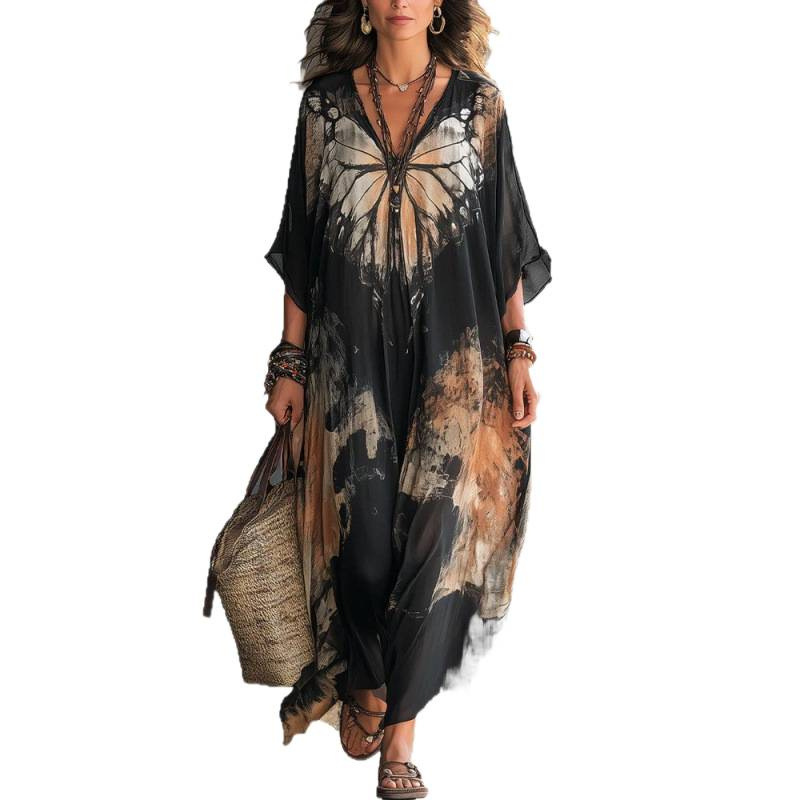 Digital Print Long Sleeve Loose Plus Size Casual Dress