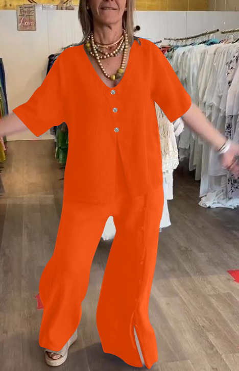 Solid Color Short Sleeve Button Slit Cotton Linen Pant Set