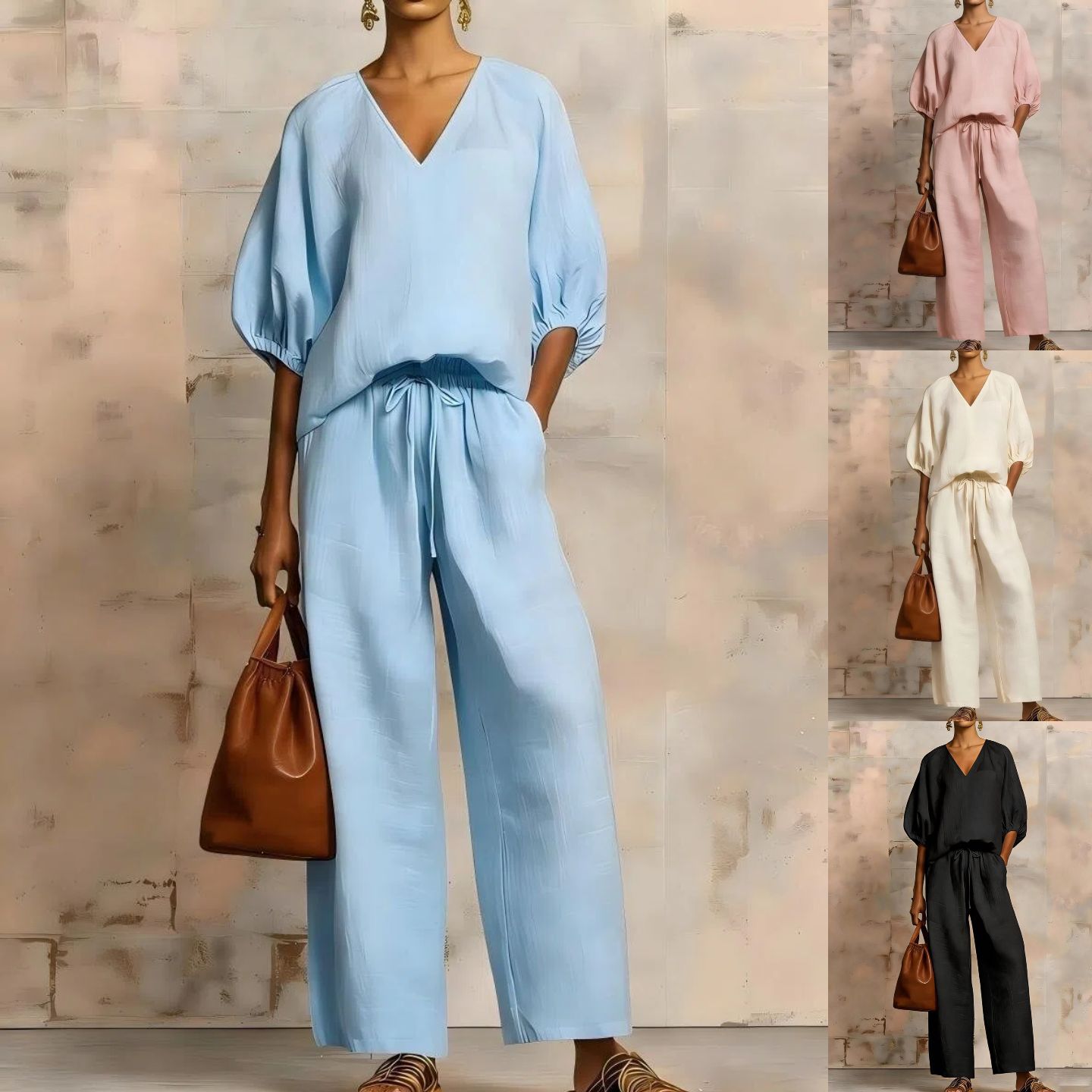 Minimalist Solid V-Neck Loose Two-Piece Set