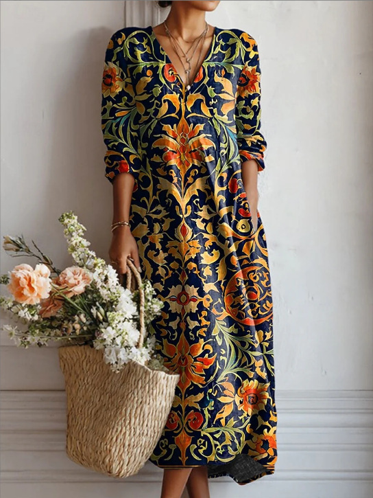Women's Floral Paisley Print Ruched Bodycon Midi Dress