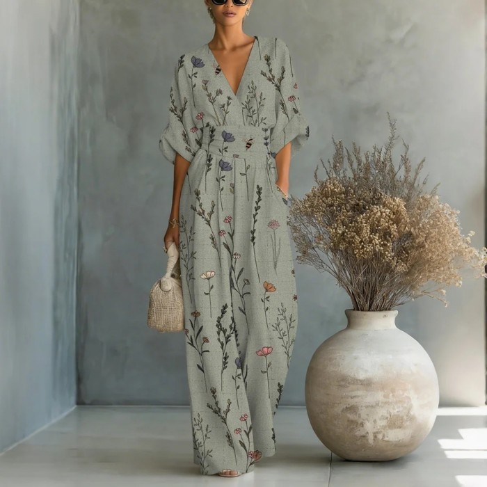 Elegant V-Neck Printed Jumpsuit with Cinched Waist