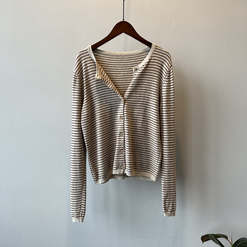 Women's Color-Block Striped Knit Cardigan Crewneck Lightweight Sweater Coat