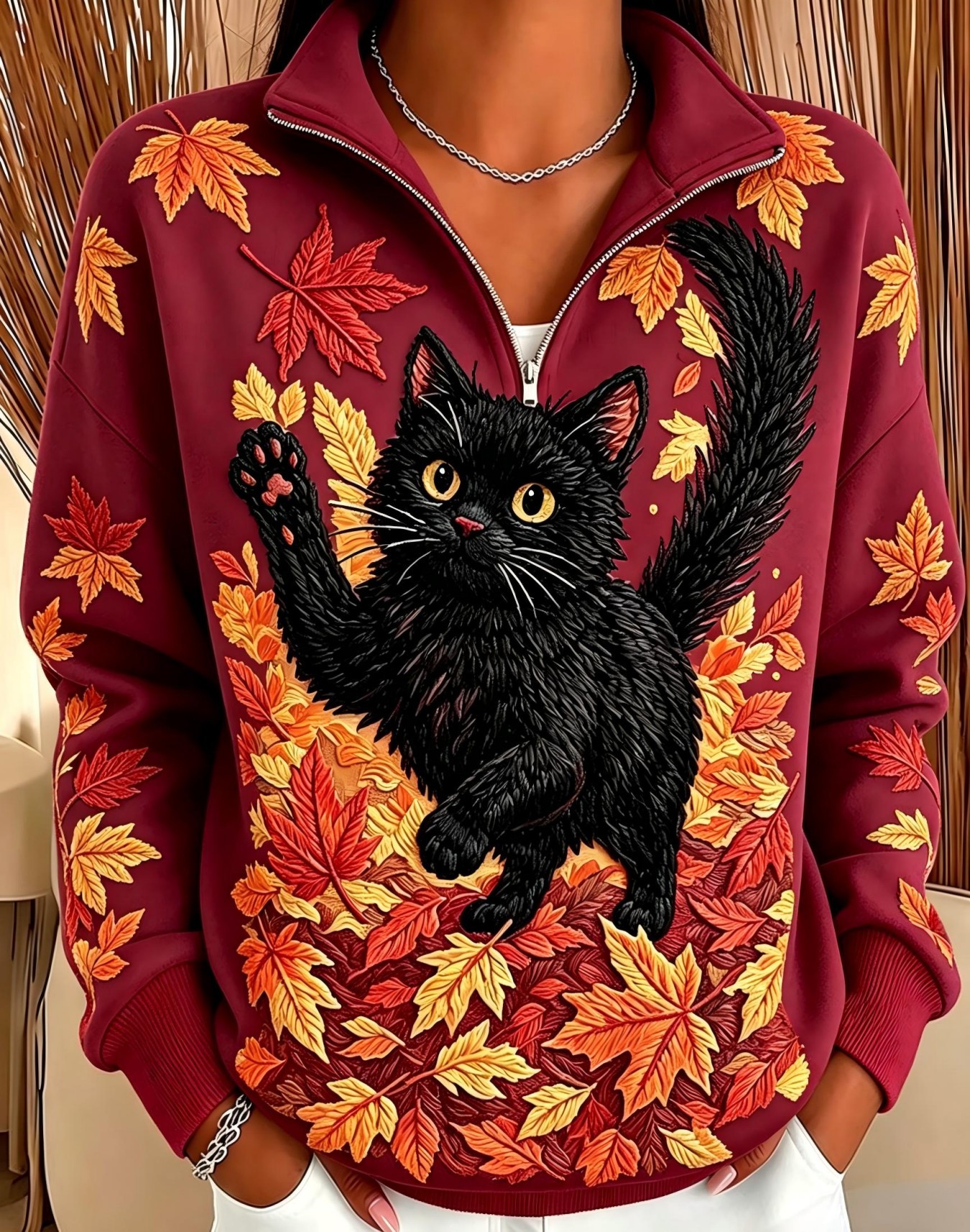 Cat & Maple Leaf Print Half-Zip Hoodie for Women