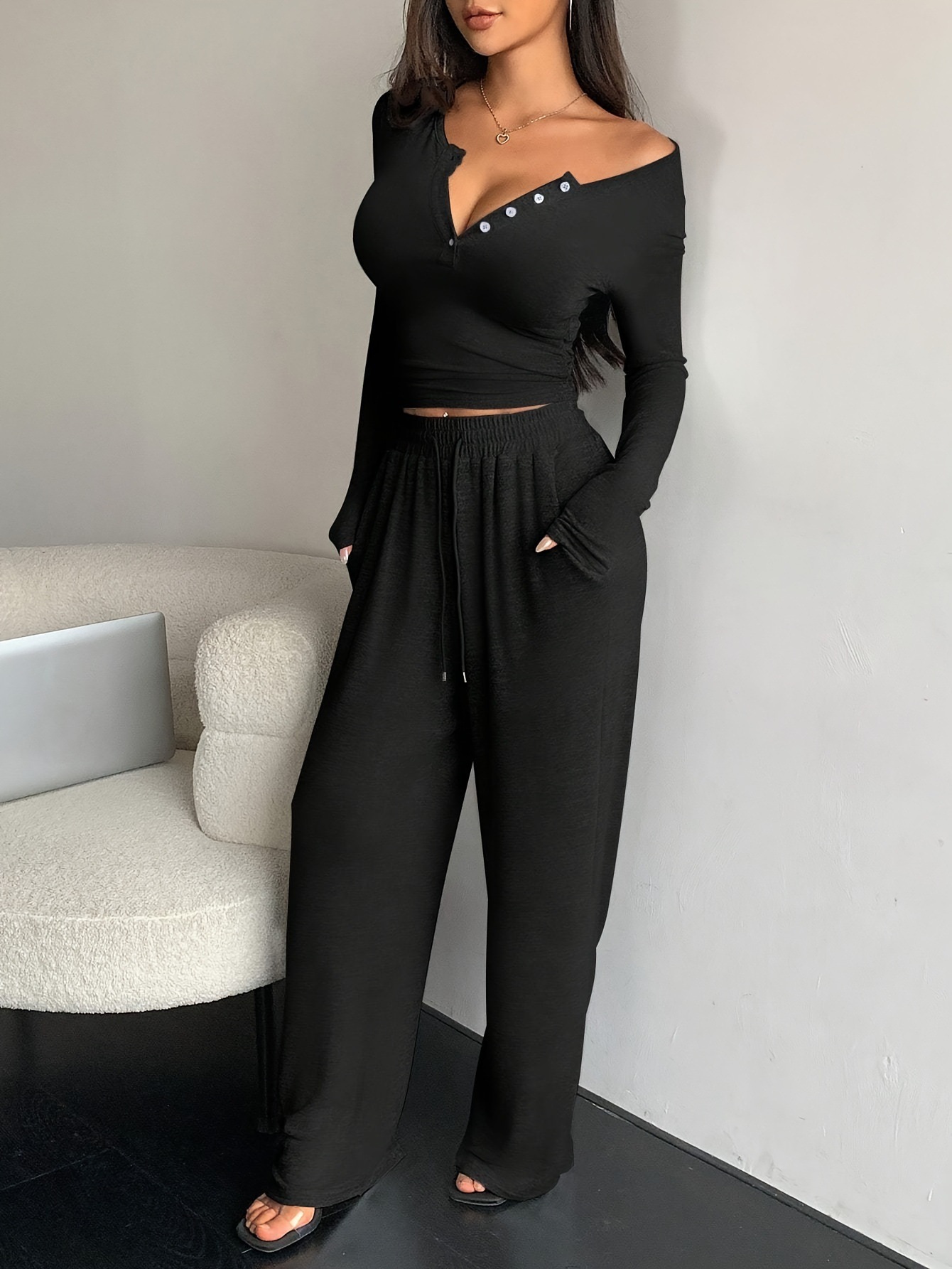 Women's Long Sleeve Button-Front Solid Slim Top and Pants Two-Piece Set