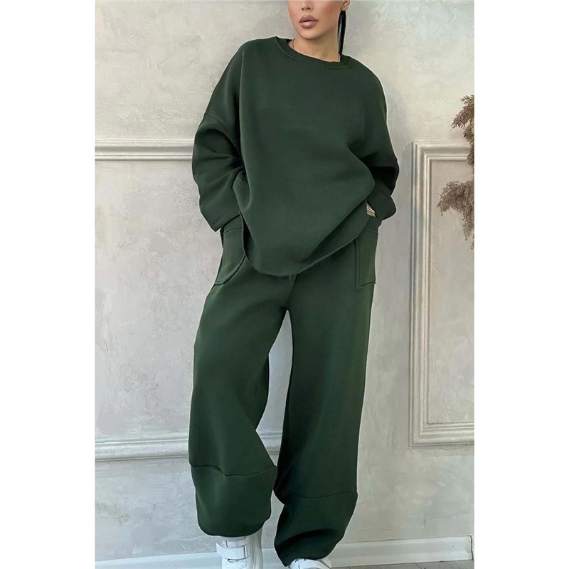 Solid Color Crewneck Long Sleeve Pocket Wide Leg Pants Loose Hoodie Two Piece Set