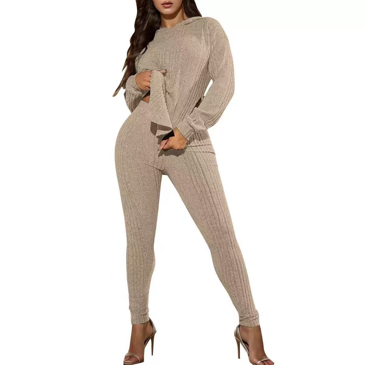 Women's Ribbed Knit Hooded Long Sleeve Lounge Set