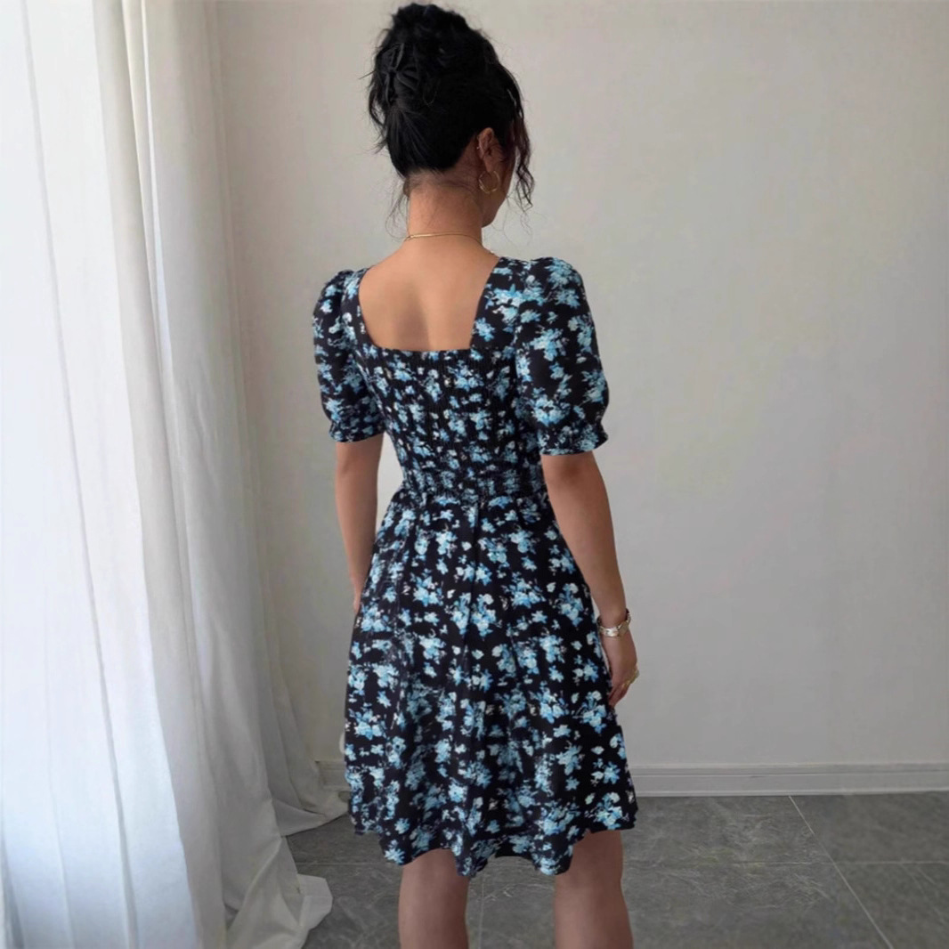 Women's Floral Print Square Neck Tie-Waist Short Dress