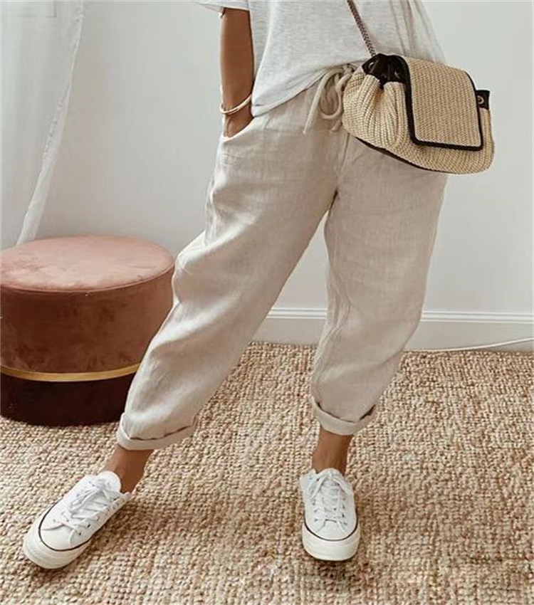 Women's Cotton Linen Elastic Waist Cropped Pants Casual Loose Fit