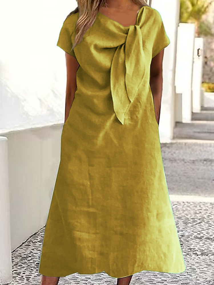 Women's Elegant Tie Print Midi Dress Short Sleeve Slim Fit