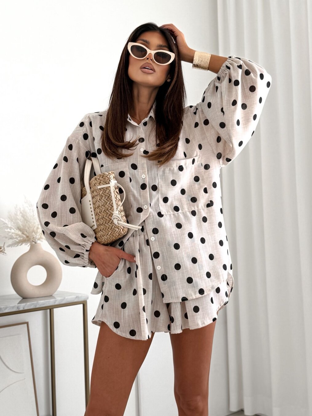 Polka Dot Multi-Pocket Half-Sleeve Top and Elastic Shorts Two-Piece Set