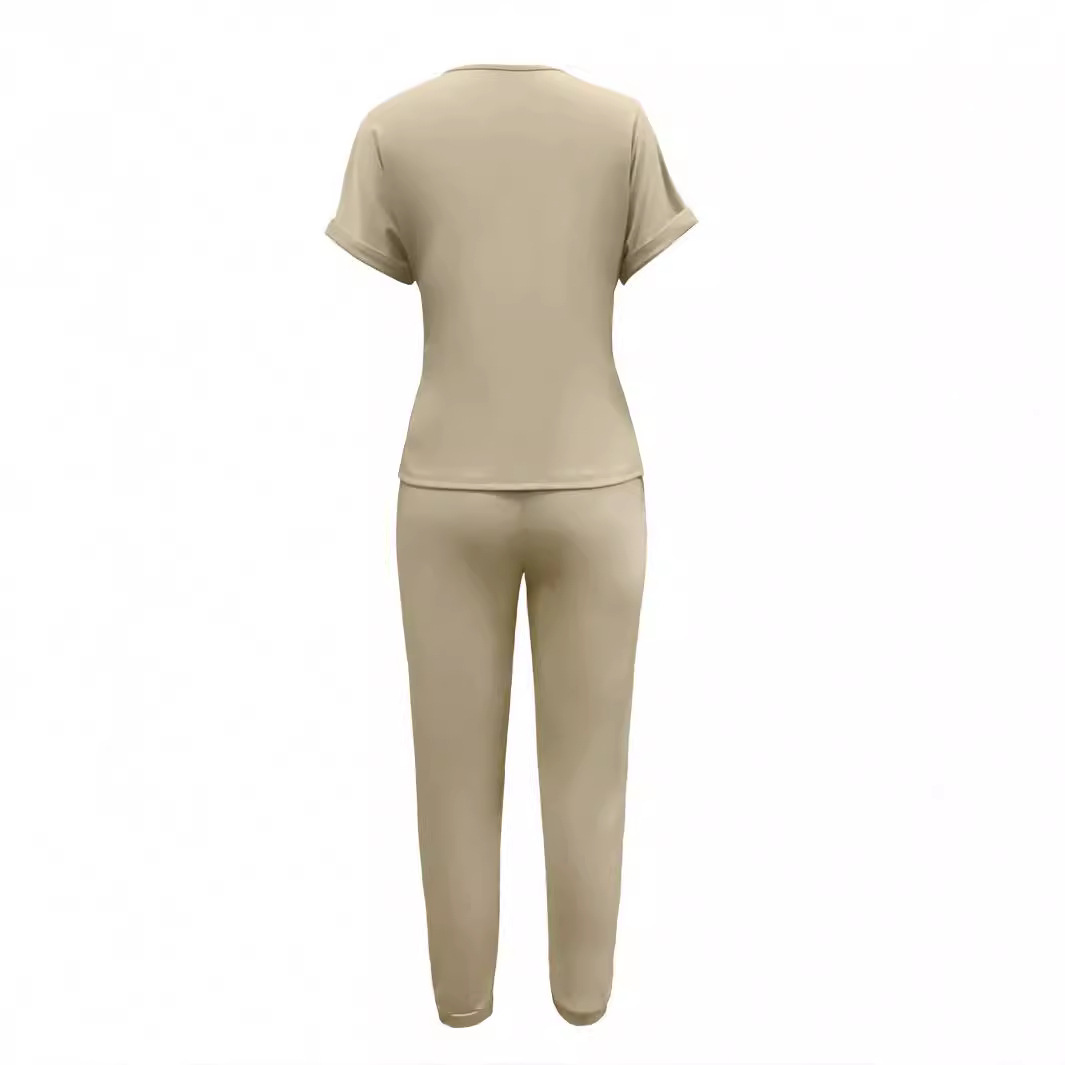 Women's Solid Color Crewneck Top and Multi-Pocket Pants Set Casual Two-Piece Outfit