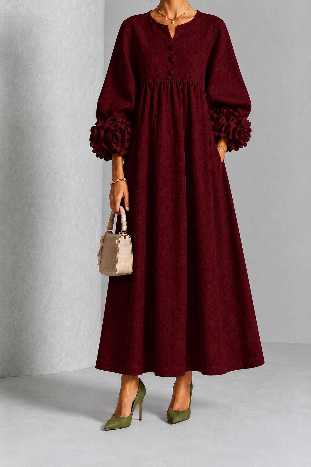 Women's Light Luxury Solid Color Dress with Floral Lantern Sleeves, V-Neck, High Waist, Pleated A-Line Long