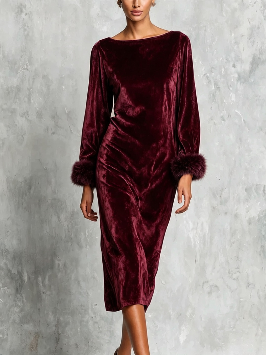 Women's Off-Shoulder Long Sleeve Faux Fur Cuff Long Dress