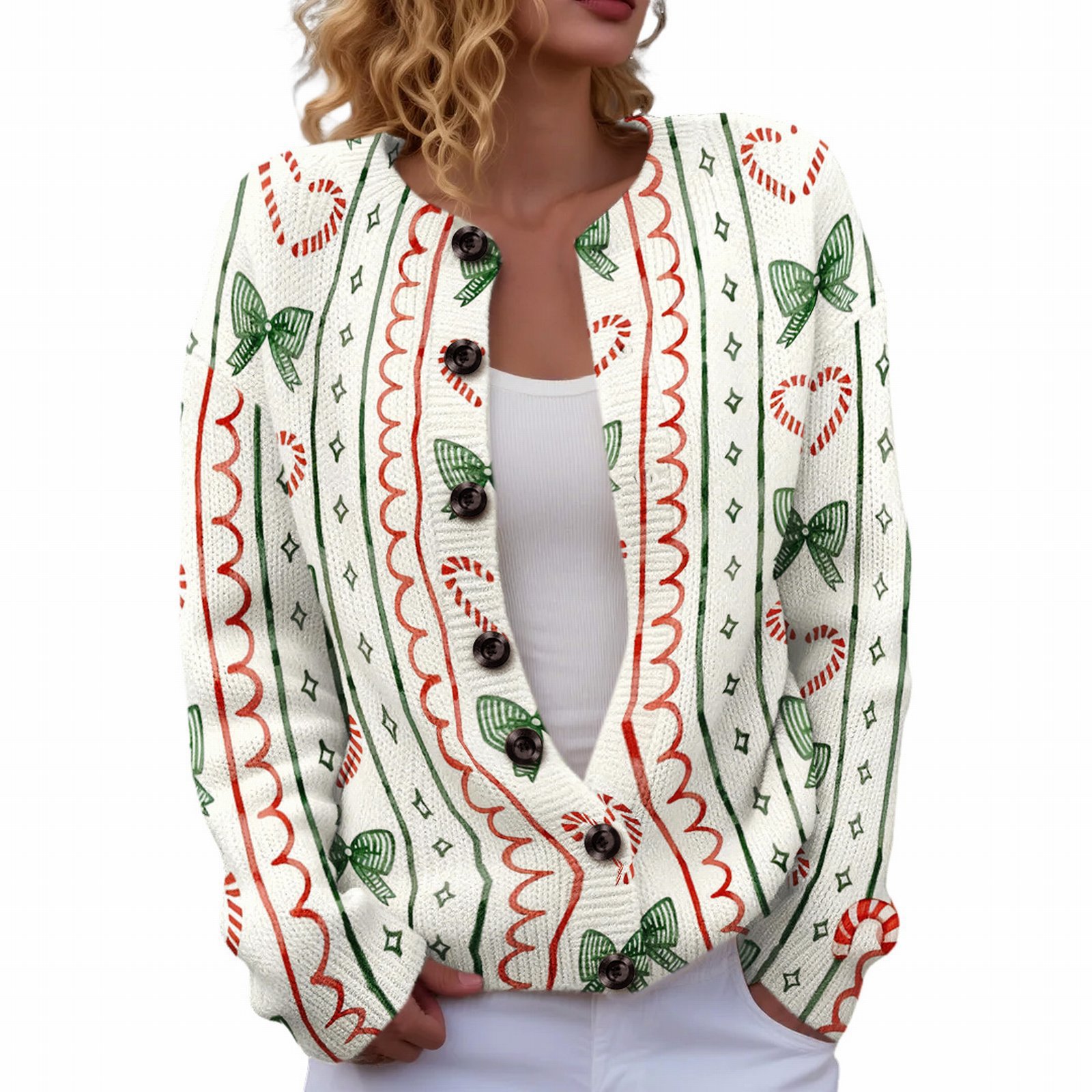 Women's Heart Ribbon Bow Cherry Print Cardigan
