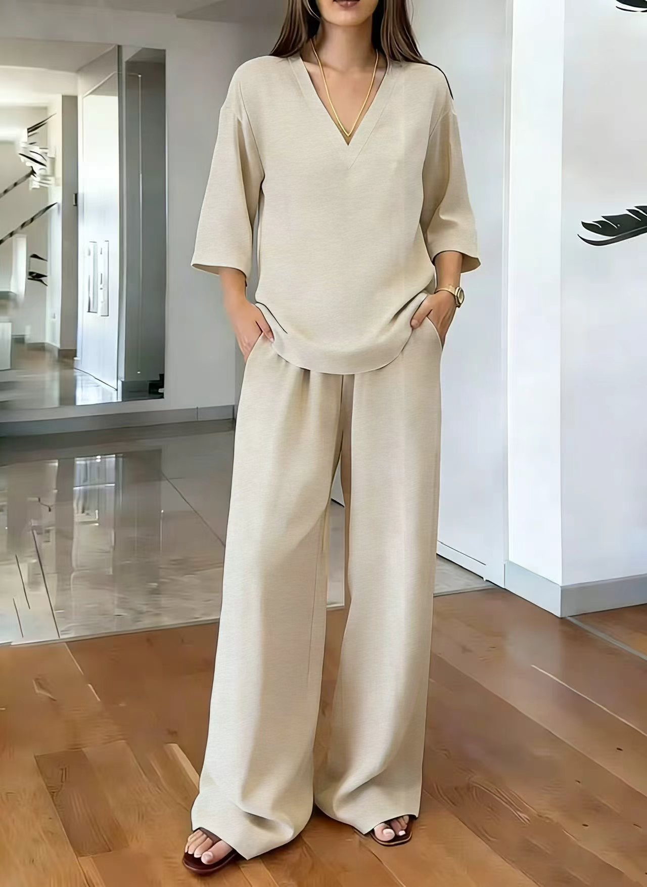 Women's Solid V-Neck Half-Sleeve Top & Wide-Leg Pants Casual Set