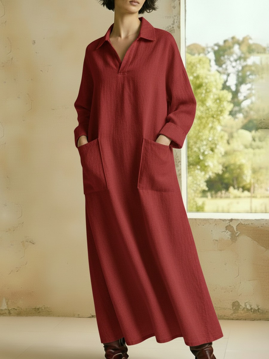 Solid Color Polo Collar Double Pocket Long Sleeve A-Line Maxi Dress