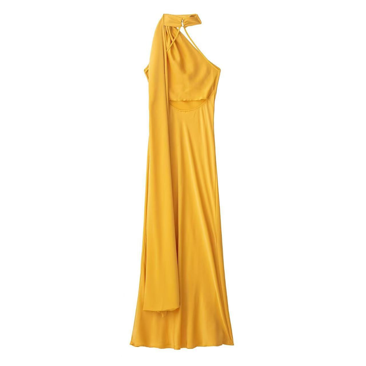 Women's Slim Fit Halter Neck Cutout Midi Dress with Ribbon Tie