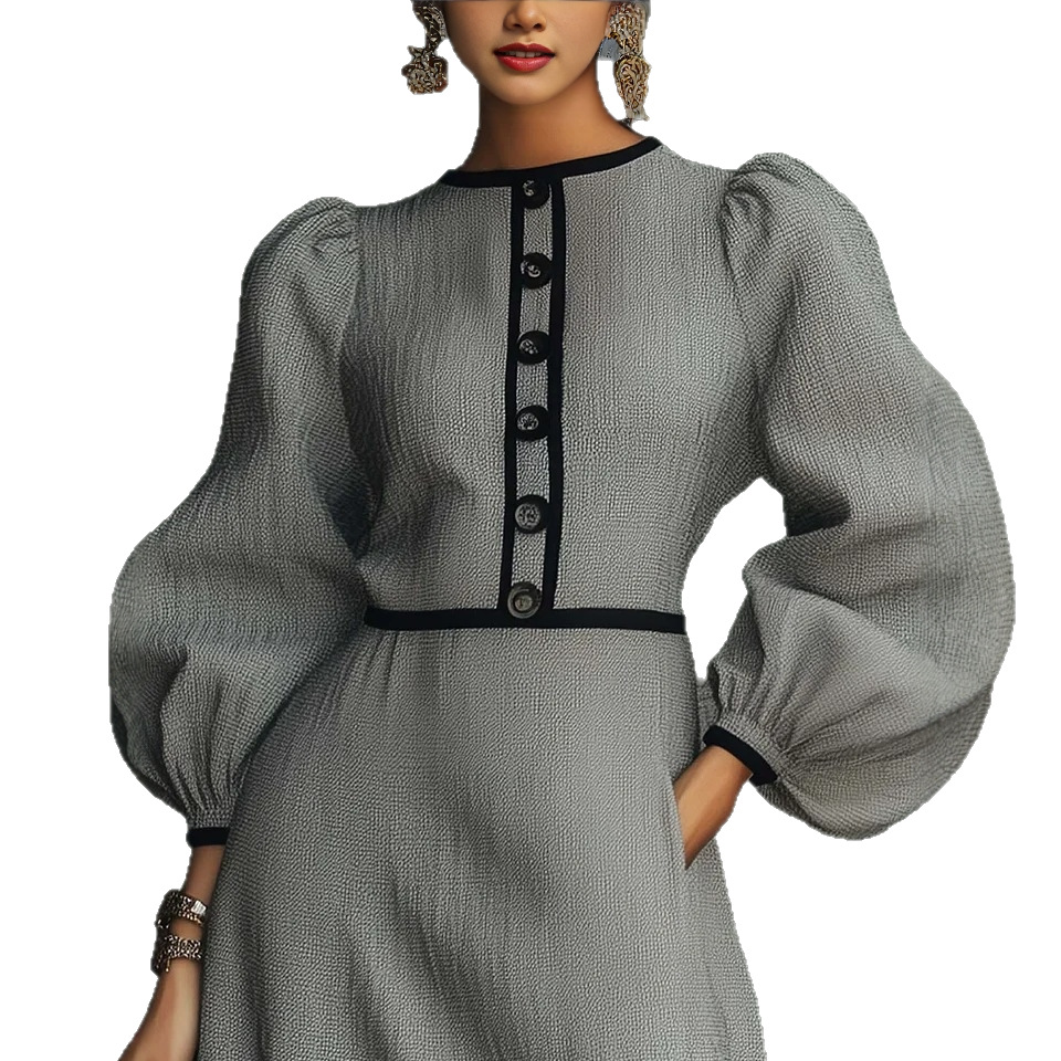French-Style Gray Spliced Knit Dress with Button Detail