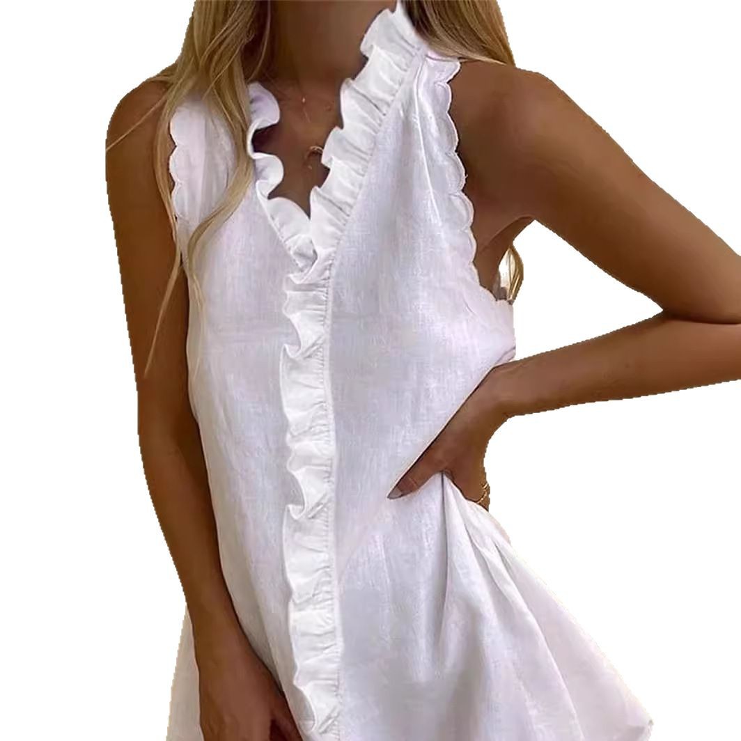 Women's Casual Cotton Linen Solid Dress with Embroidery and Ruffle Hem
