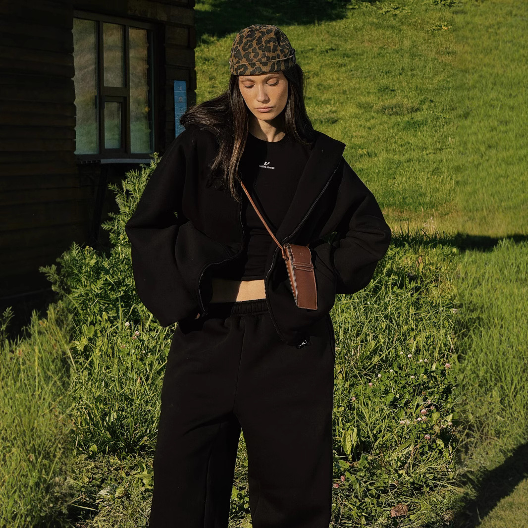 Women's Solid Color Hooded Cardigan Sweatshirt and Elastic Waist Pants Two-Piece Set