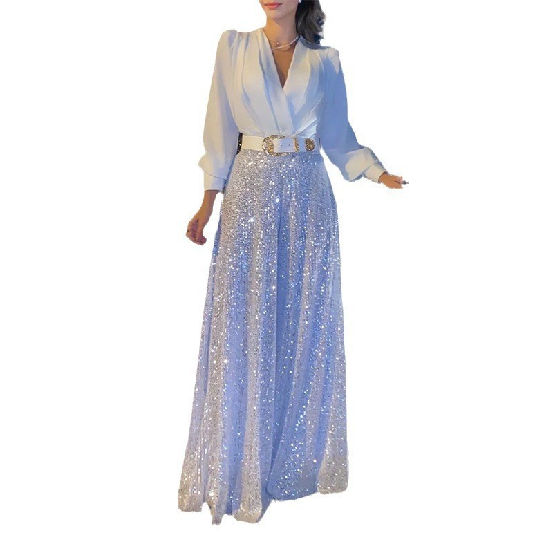 V-Neck Long Sleeve Sequin Shirt Dress with Belt